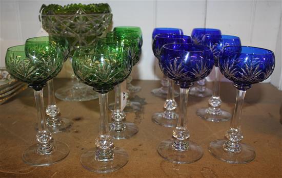 Bohemian green & overlay glass pedestal vase & 12 similar hock glasses (6 green, 6 blue)